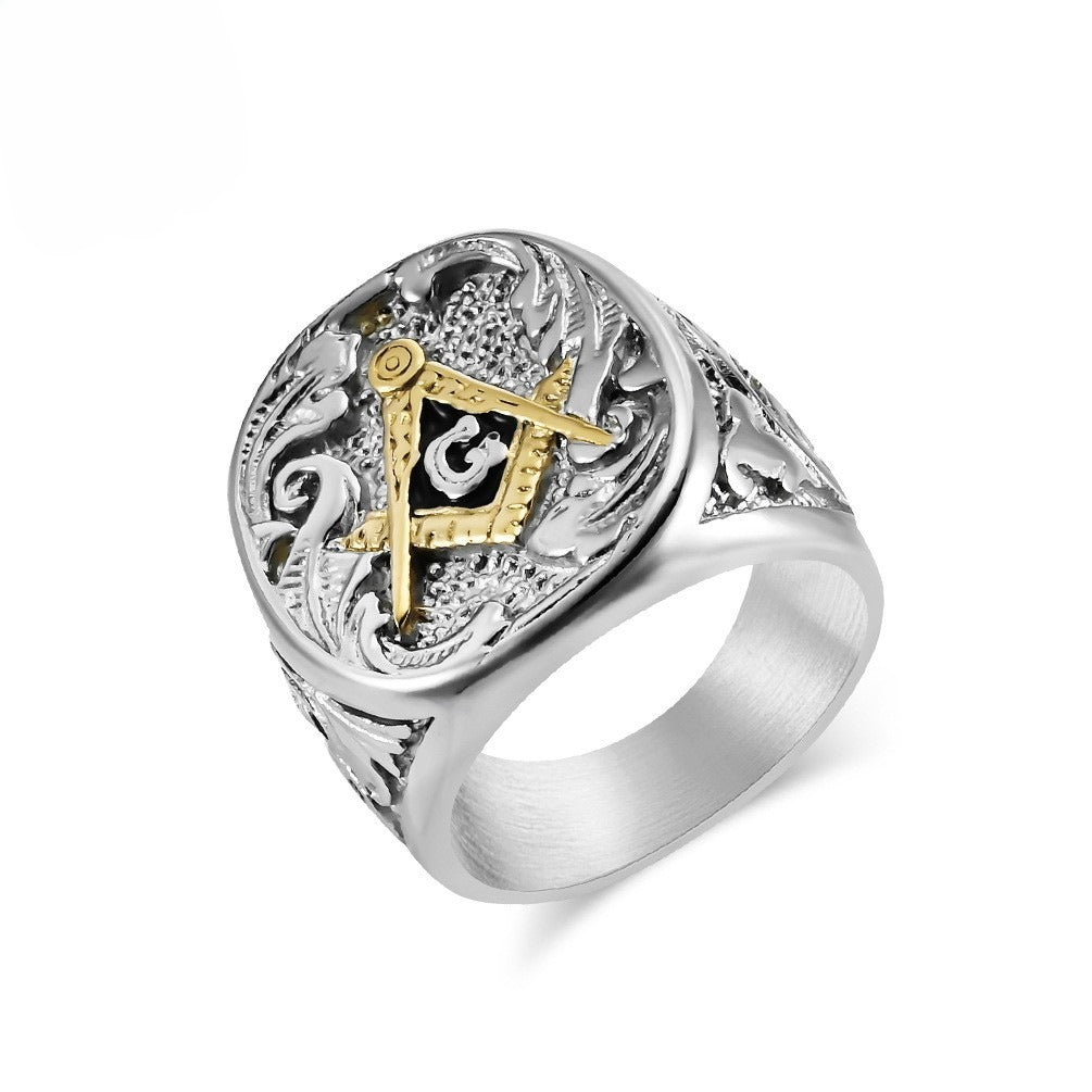 Kemstone Men’s Stainless Steel Ring – Vintage Masonic-Style Design K-R751