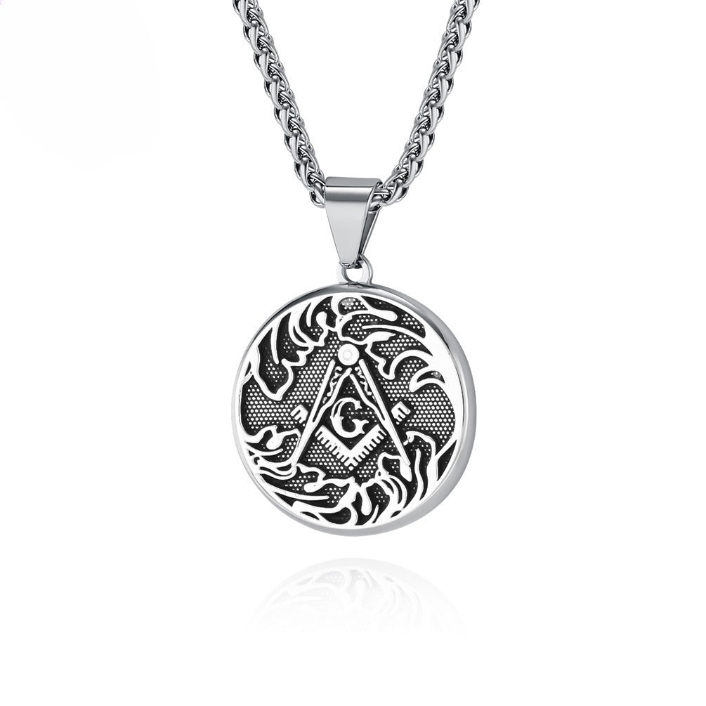 Kemstone Men’s Stainless Steel Necklace – Vintage Masonic-Style Round Pendant K-PT564