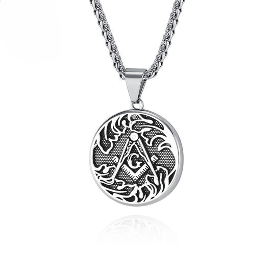 Kemstone Men’s Stainless Steel Necklace – Vintage Masonic-Style Round Pendant K-PT564