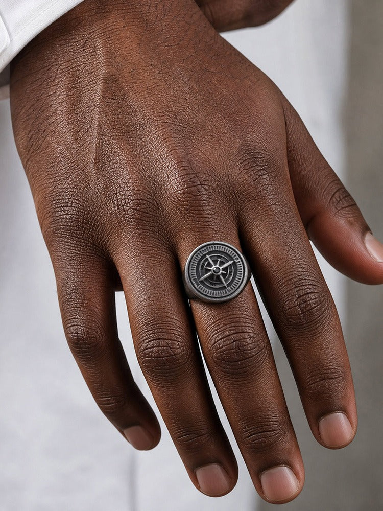 Kemston Stainless Steel Compass Signet Ring for Men Vintage Dial Design RC-527GR