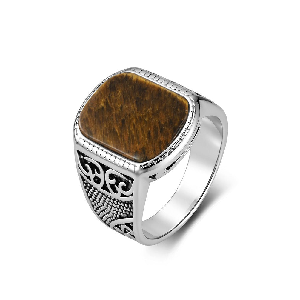 Kemston Vintage Signet Ring for Men Stainless Steel Square Stone Engraved Design K-R1197