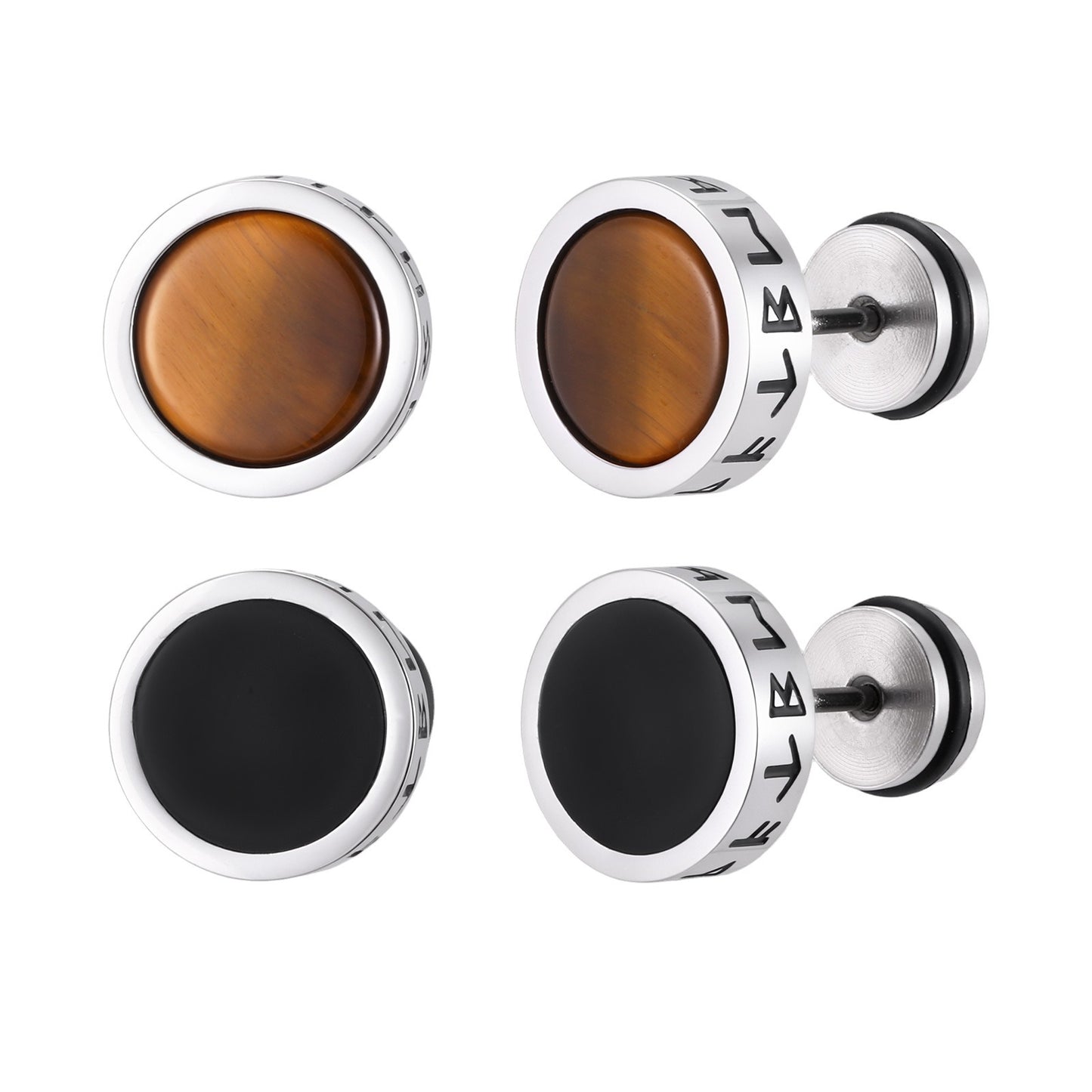 Kemstone Stainless Steel Tiger Eye Stud Earrings – Round Rune Edge Design for Men ES-784