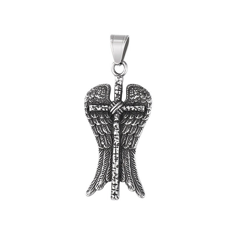 Kemstone Men’s Angel Wing Cross Necklace – Titanium Steel Gothic Pendant KP116184-MZOZ