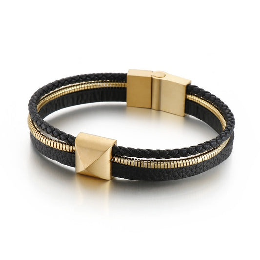 Kemstone Men’s Titanium Steel Leather Bracelet – Gold Snake Chain Wristband KB147381