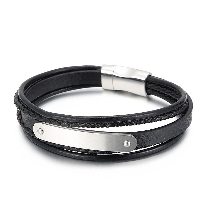 Kemstone Men’s Leather Bracelet – Titanium Steel Multi-Layer Braided Wristband B140193