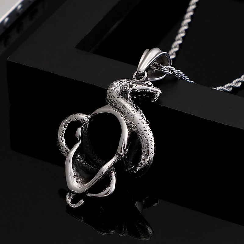 Kemstone Coiled Snake Skull Necklace for Men Titanium Steel Punk KP80014-BD