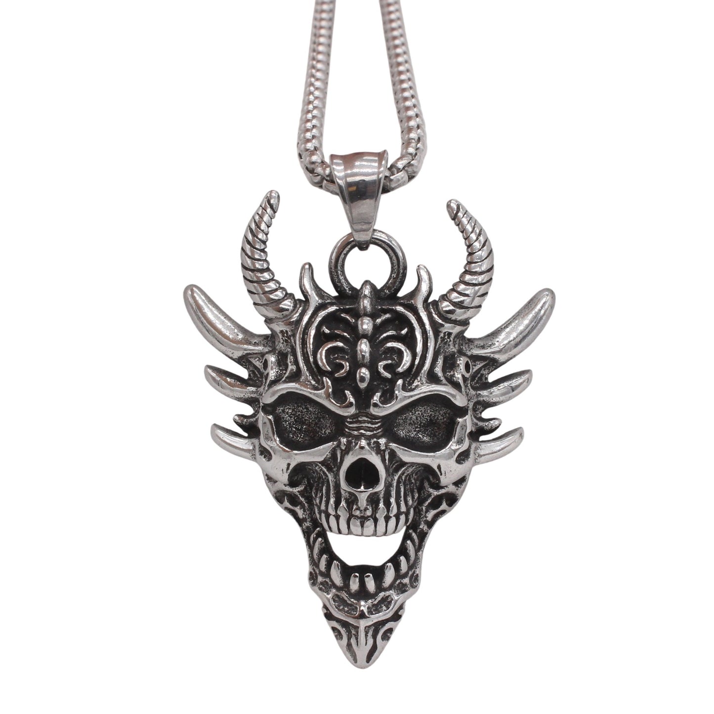 Kemstone Titanium Steel Skull Pendant Necklace – Vintage Gothic Horn Design for Men P1506