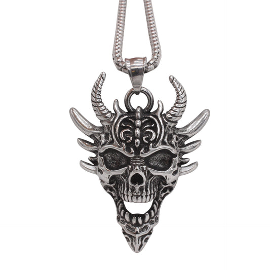 Kemstone Titanium Steel Skull Pendant Necklace – Vintage Gothic Horn Design for Men P1506