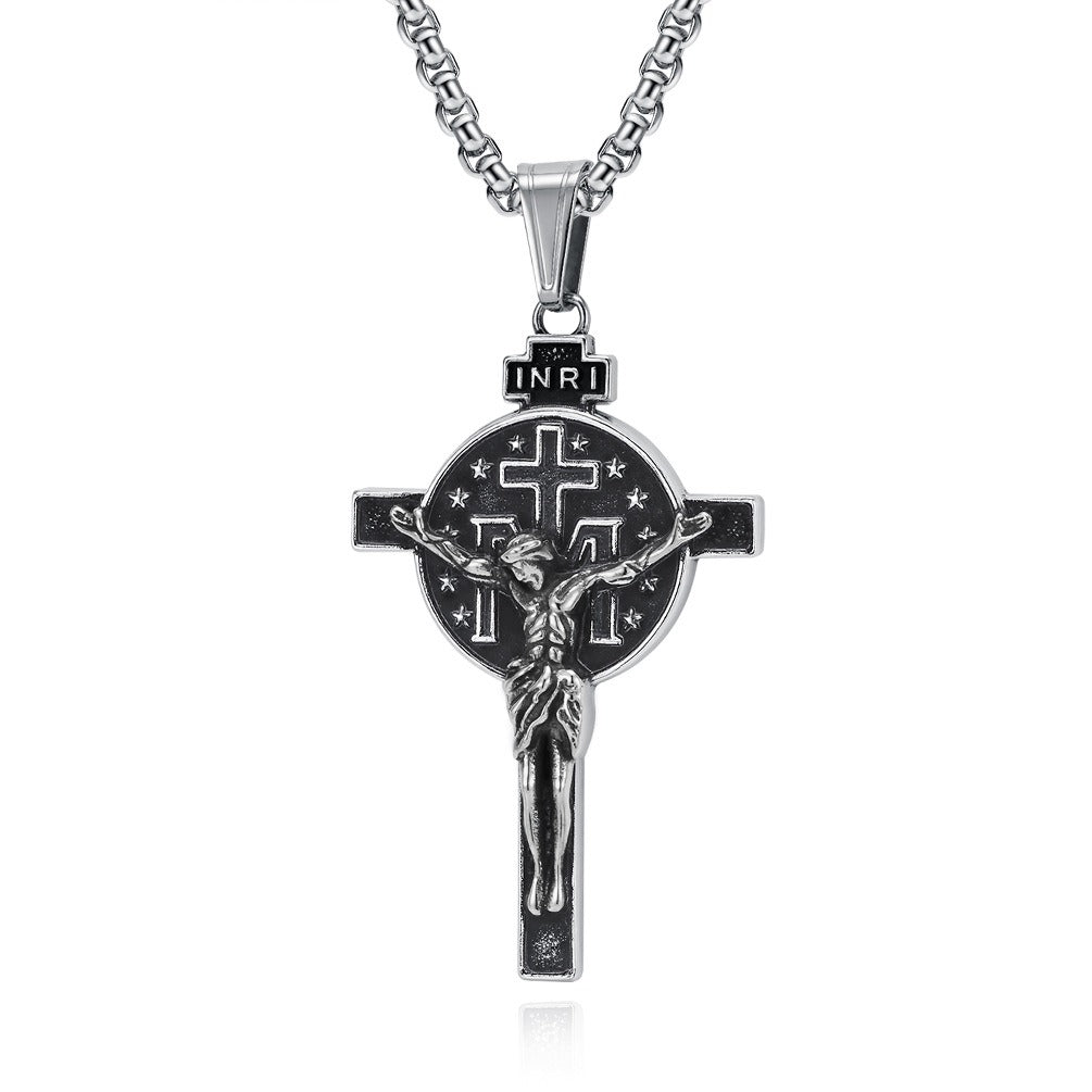 Kemstone Men’s Titanium Steel Cross Necklace – Vintage Relief Pendant K-PT641