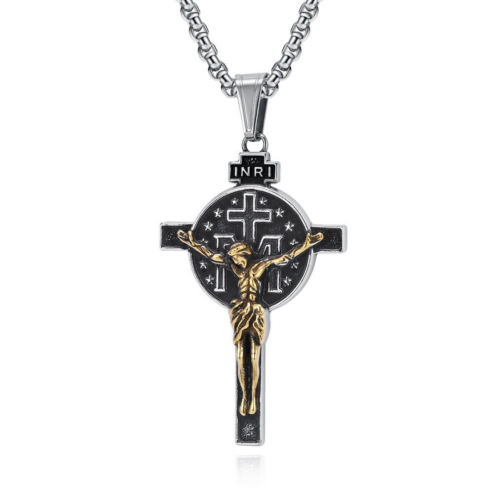 Kemstone Men’s Titanium Steel Cross Necklace – Vintage Relief Pendant K-PT641