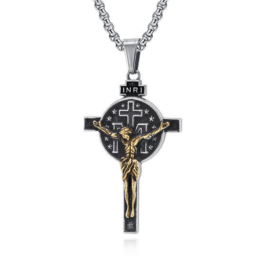 Kemstone Men’s Titanium Steel Cross Necklace – Vintage Relief Pendant K-PT641