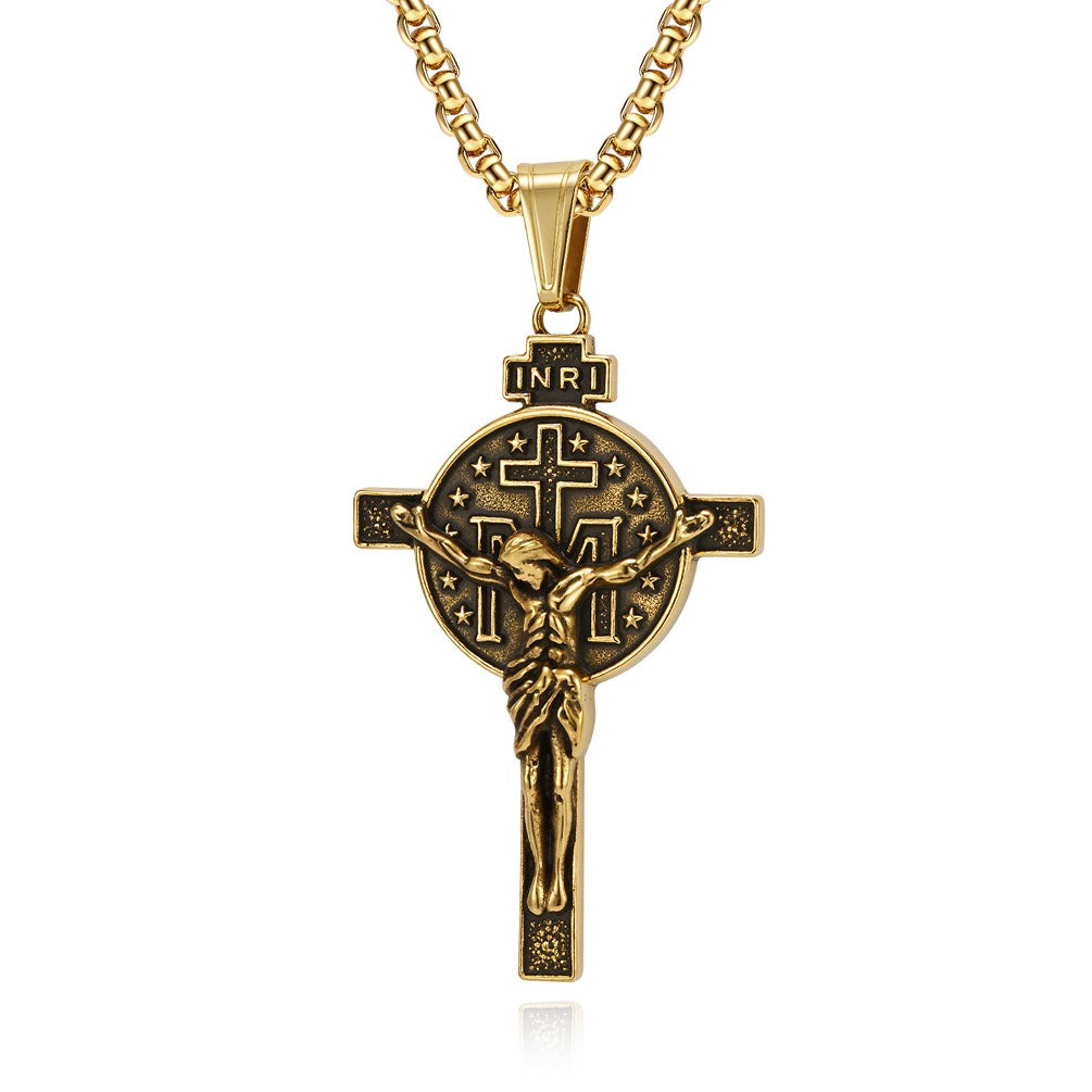 Kemstone Men’s Titanium Steel Cross Necklace – Vintage Relief Pendant K-PT641