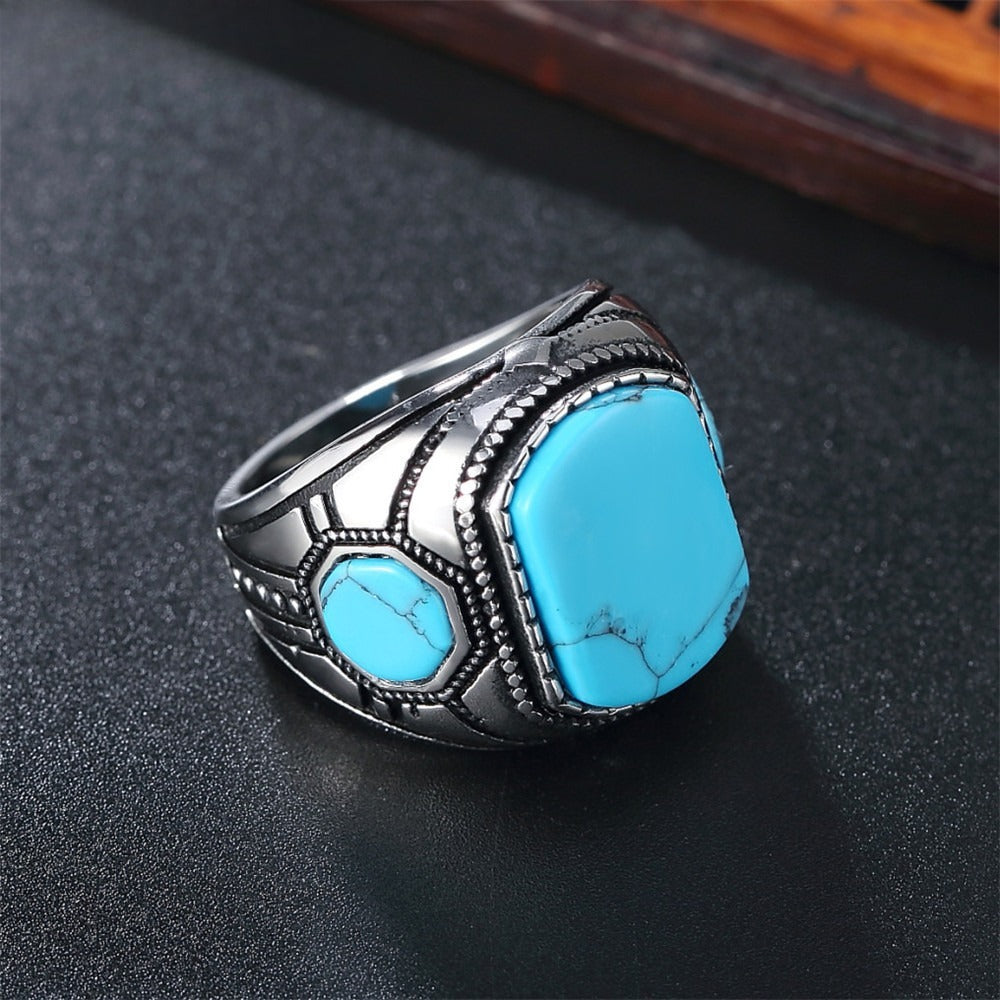 Kemstone Titanium Steel Turquoise Signet Ring for Men Vintage Stone R0584