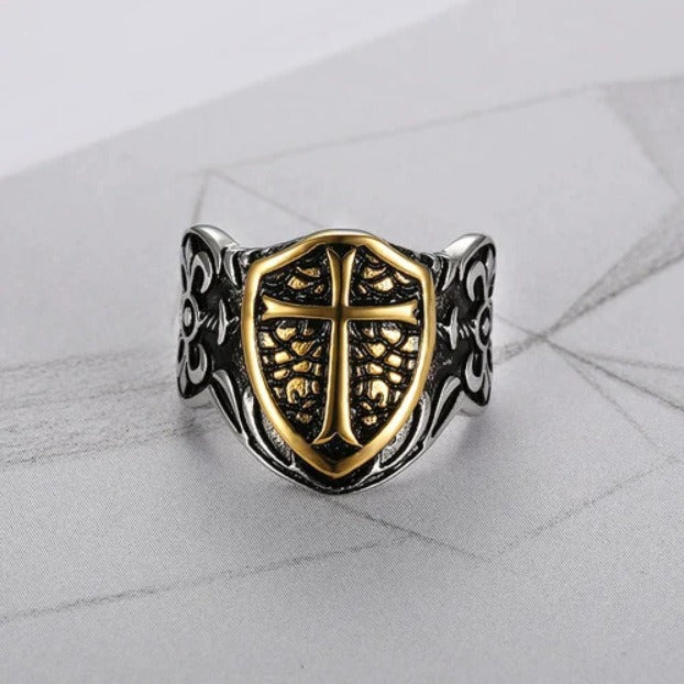 Kemston Titanium Steel Cross Shield Ring for Men Gothic TR0123