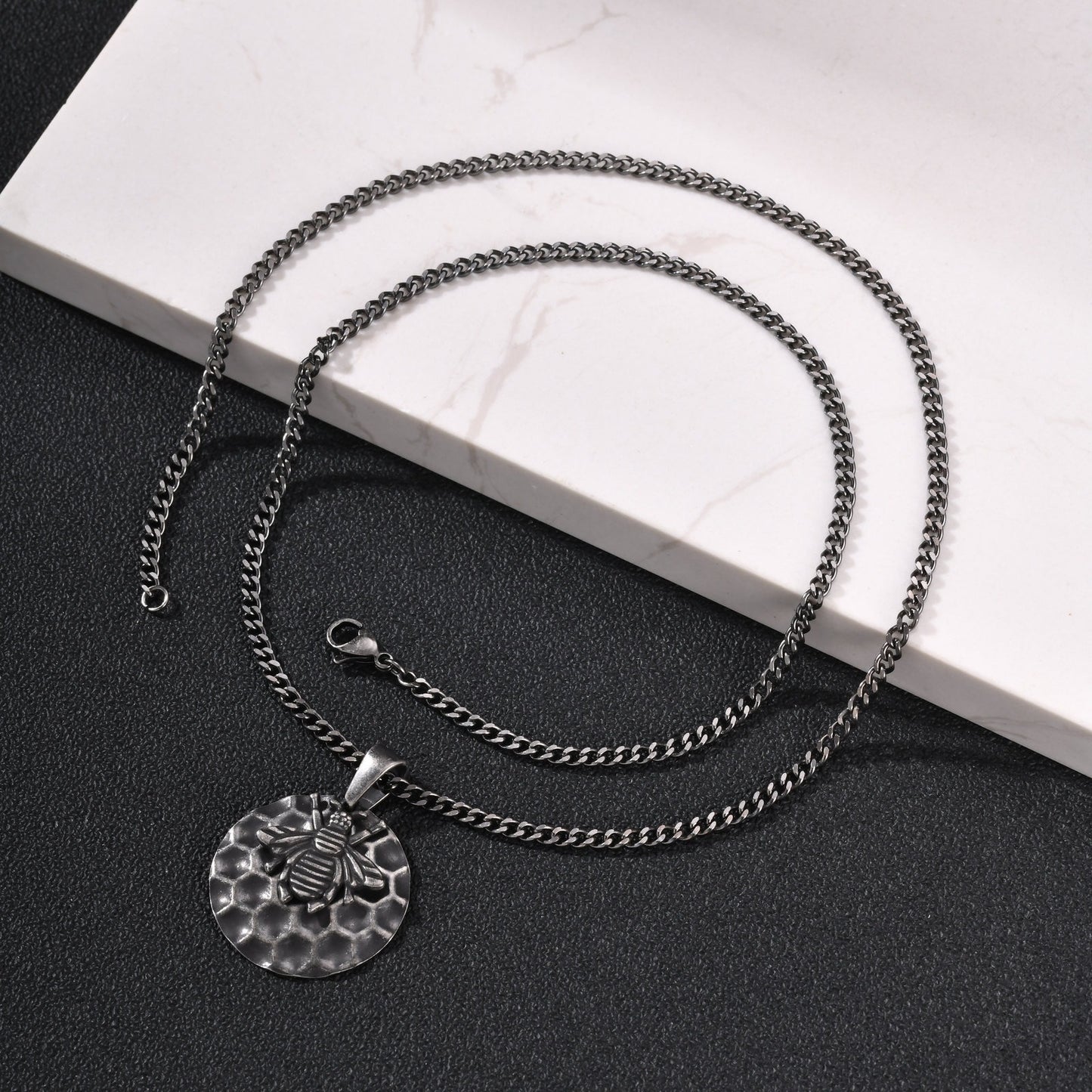 Kemston Bee Honeycomb Pendant Necklace for Men Stainless Steel Vintage Design PN-2377