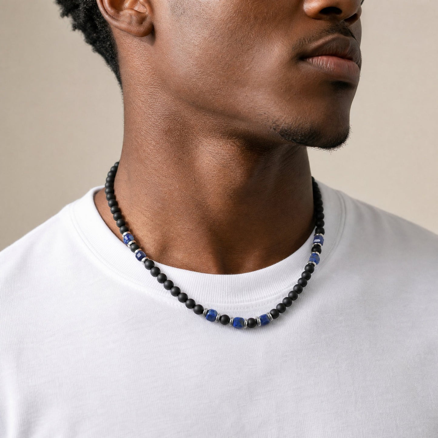 Kemston Black Agate Lapis Lazuli Beaded Necklace for Men Stainless Steel Vintage Style NC-3020