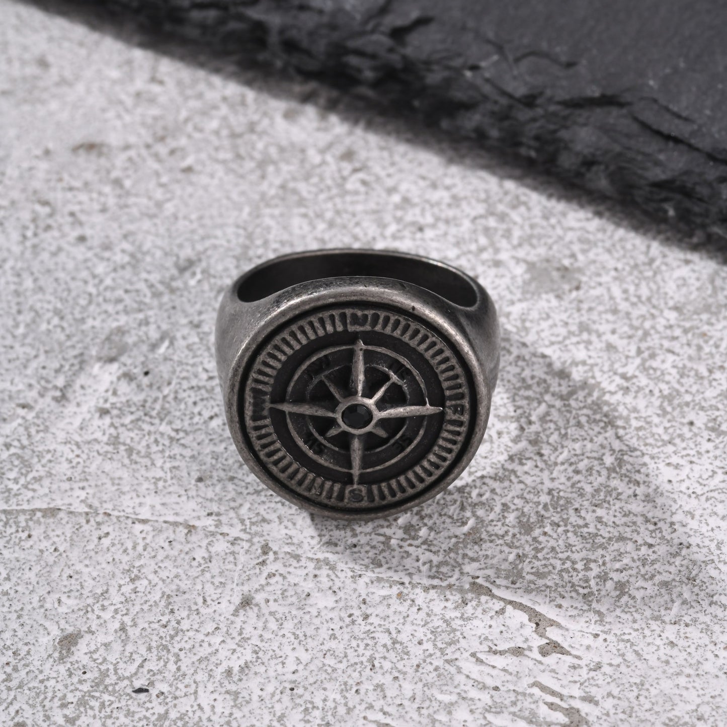 Kemston Stainless Steel Compass Signet Ring for Men Vintage Dial Design RC-527GR