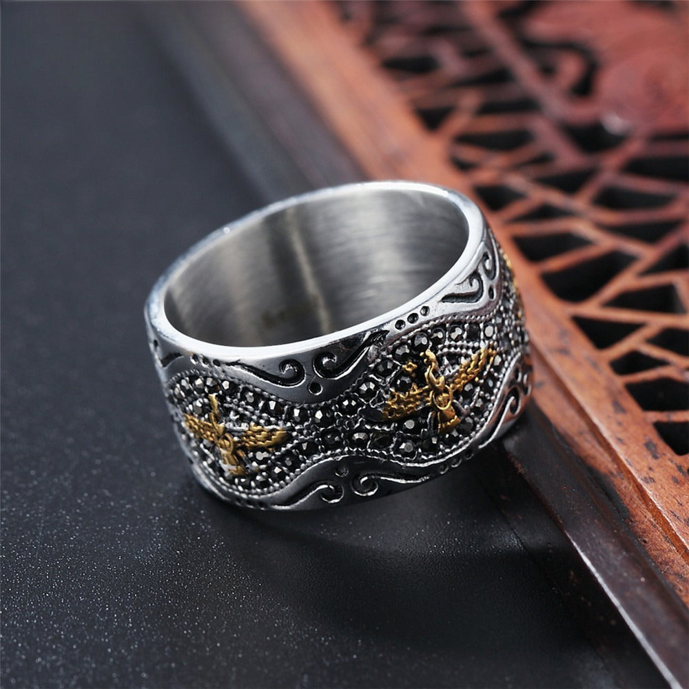 Kemston Titanium Steel Eagle Ring for Men Vintage Gold Detail Wide Band R0483