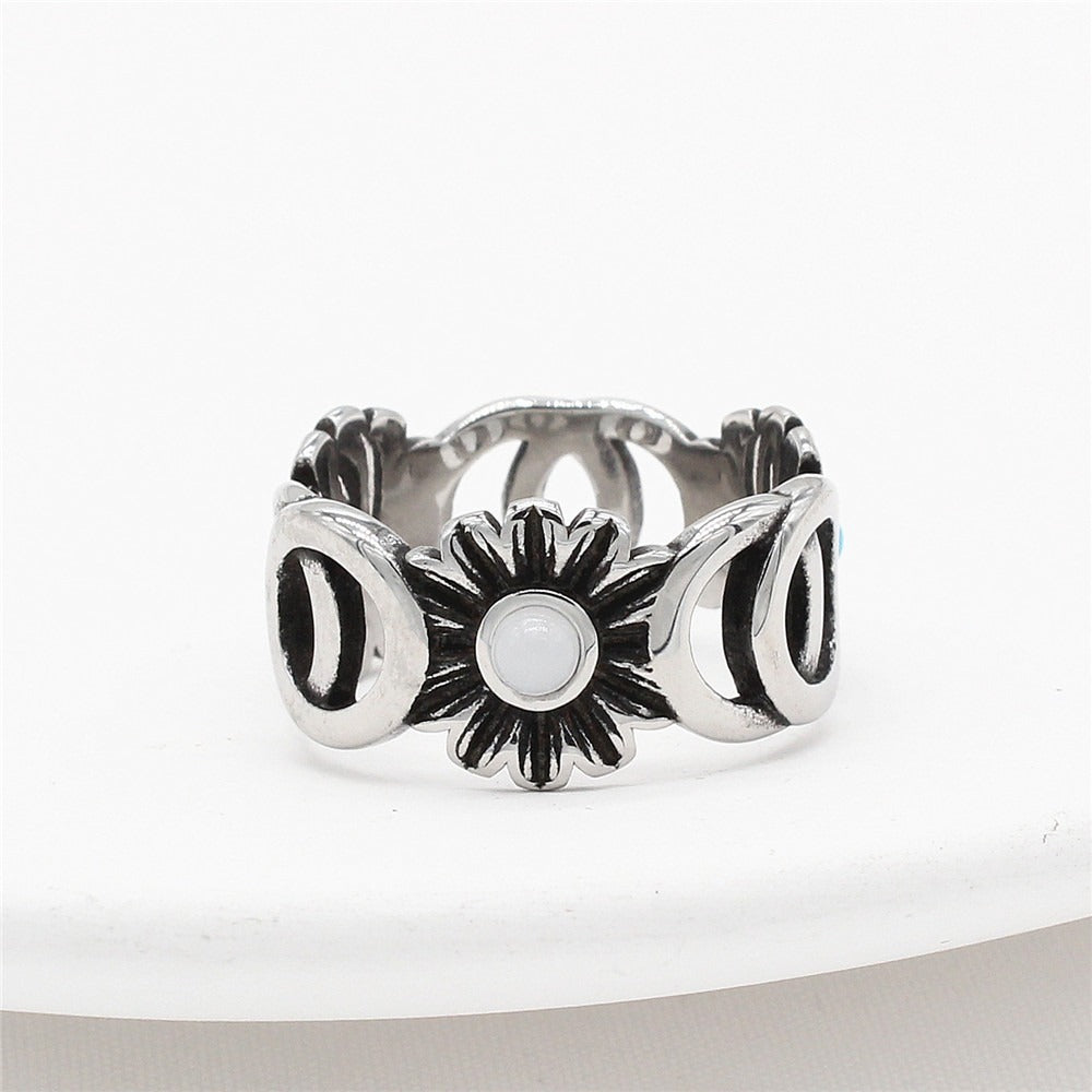 Kemstone Titanium Steel Sunflower Ring for Men Vintage Openwork Blue Detail R1125