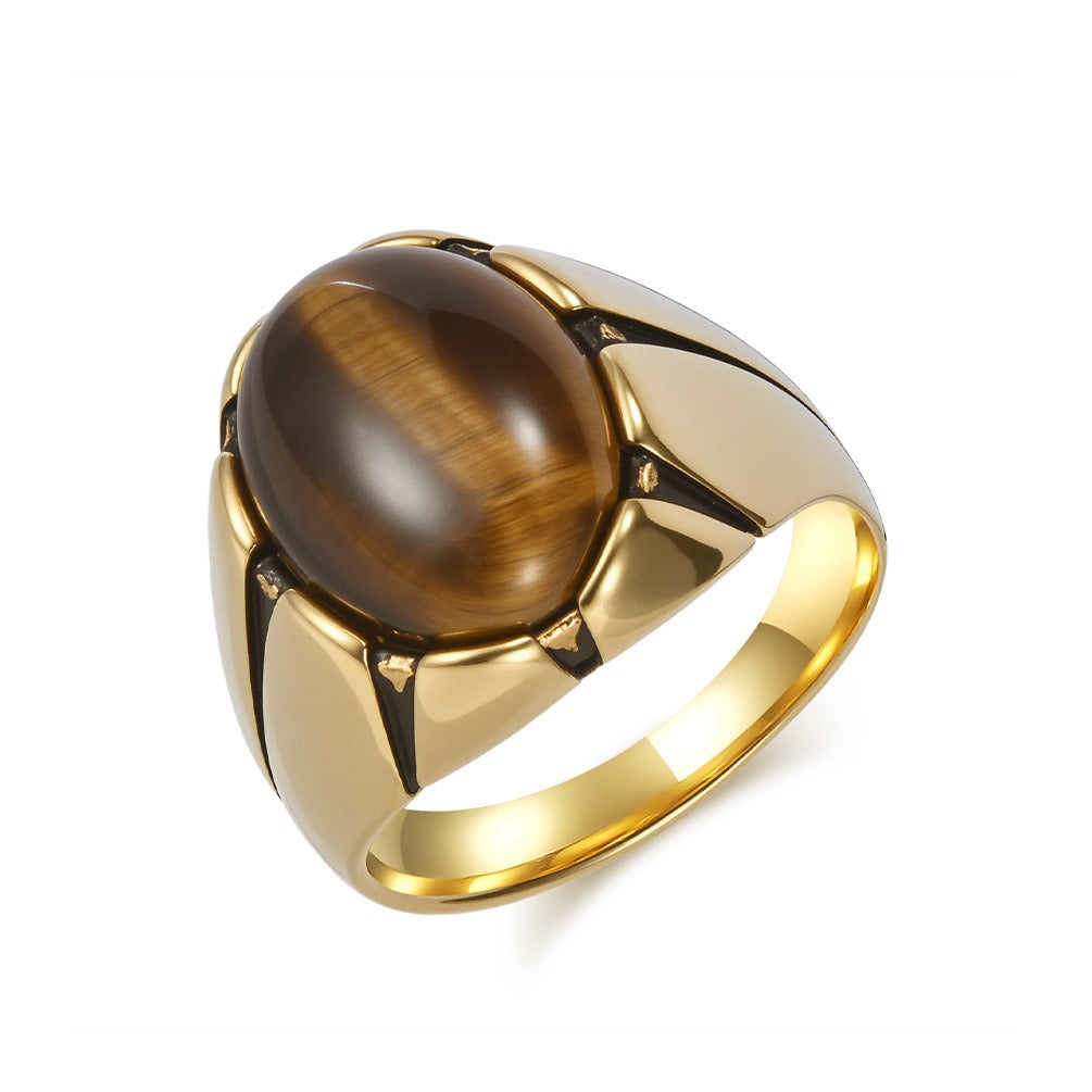 Kemstone Men’s Stainless Steel Oval Stone Ring – Black Stone & Tiger Eye K-R999