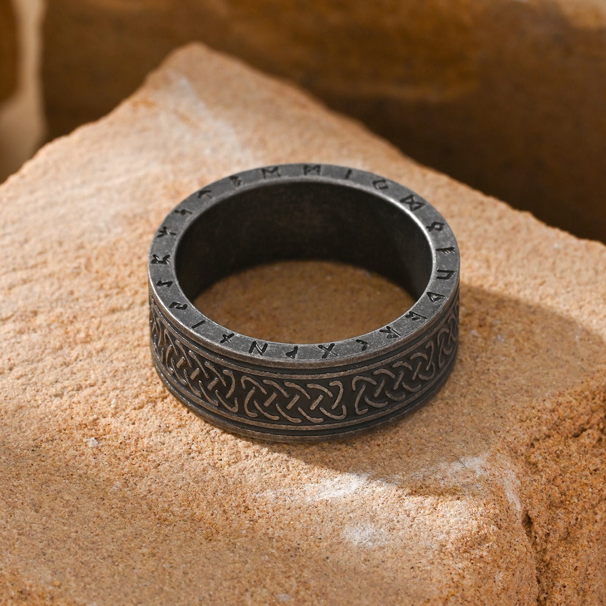 Kemstone Titanium Steel Engraved Band Ring for Men Vintage Letter Texture TR0424