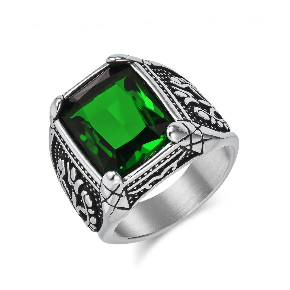 Kemstone Men’s Stainless Steel Ring – Vintage Tulip Glass Stone K-R1014