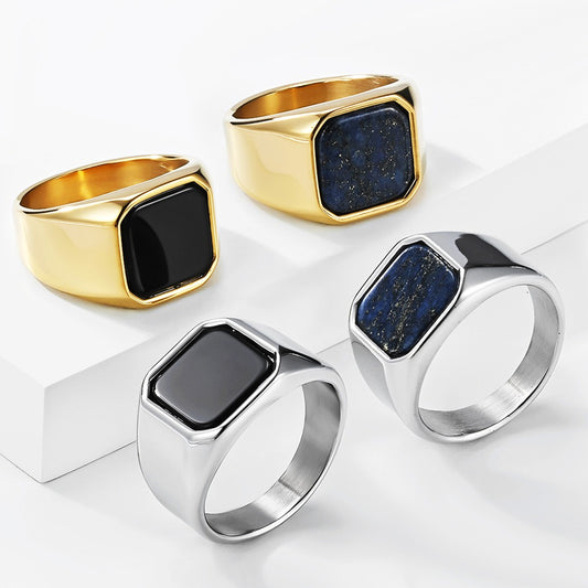 Kemstone Signet Ring for Men Titanium Steel Square Blue Black Stone Inlay KR1138