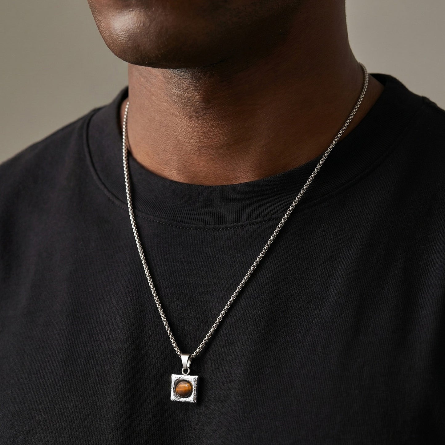Kemston Stainless Steel Black Onyx Square Pendant Necklace for Men Minimal Stone Design PN-2421