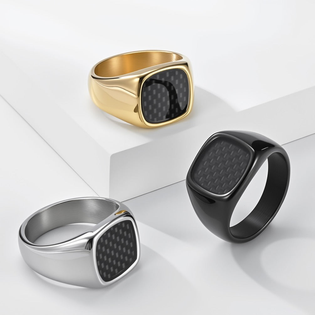 Kemstone Carbon Fiber Signet Stainless Steel Square Face Minimalist for Men K-R1135