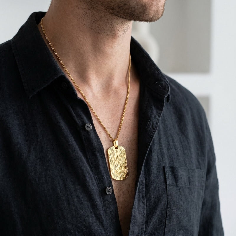 Kemson Hammered Tag Pendant Necklace Men Stainless Steel Vintage Textured Style KP118340-KJX