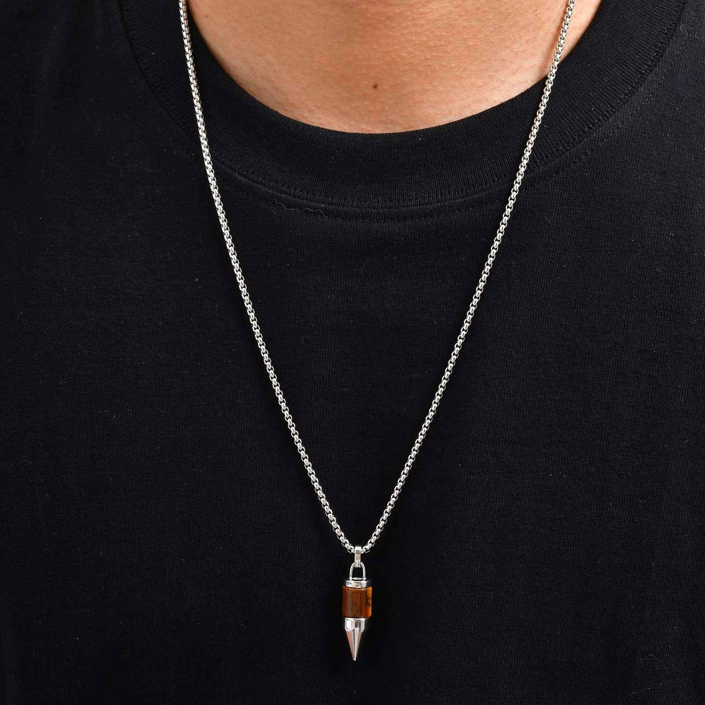 Kemstone Stainless Steel Tiger Eye Cylinder Pendant Necklace for Men PN-2228