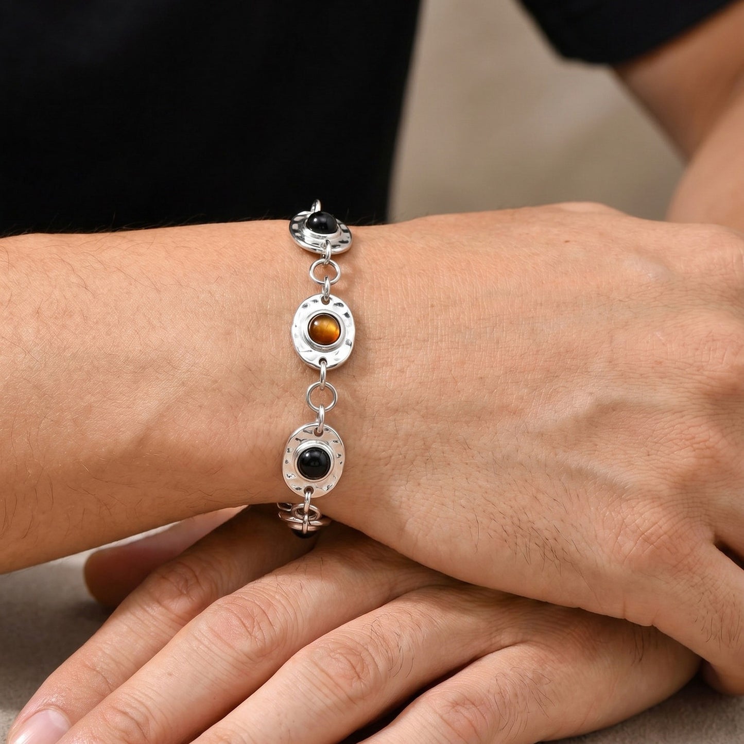 Kemstone Stainless Steel Obsidian Tiger Eye Triple Stone Bracelet for Men BR-3152