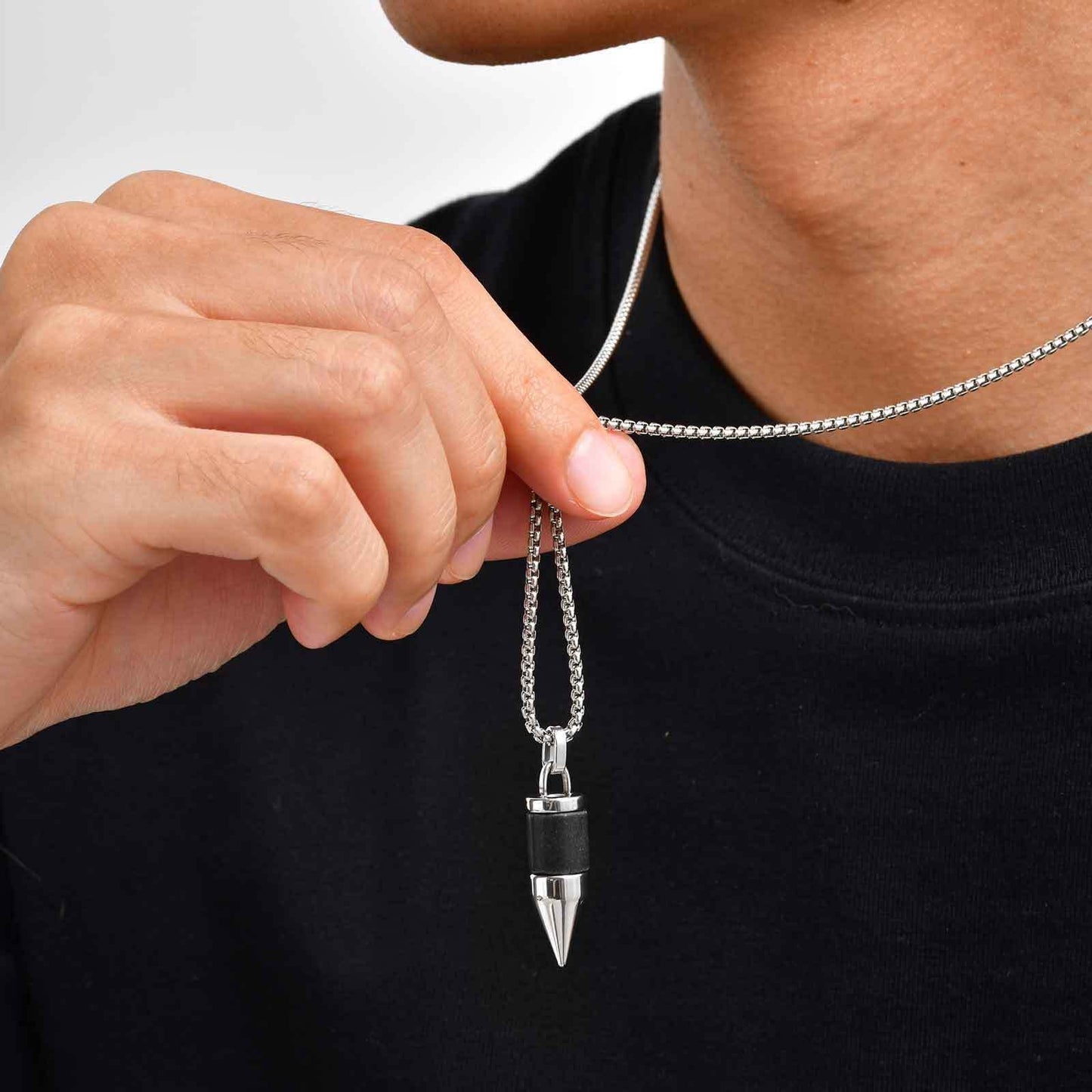 Kemstone Stainless Steel Cylinder Pendant Necklace – Stone Inlay Style for Men PN-2228