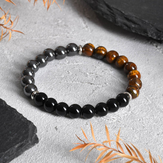 Kemstone Stainless Steel Tiger Eye & Obsidian Beaded Bracelet for Men BR-2448