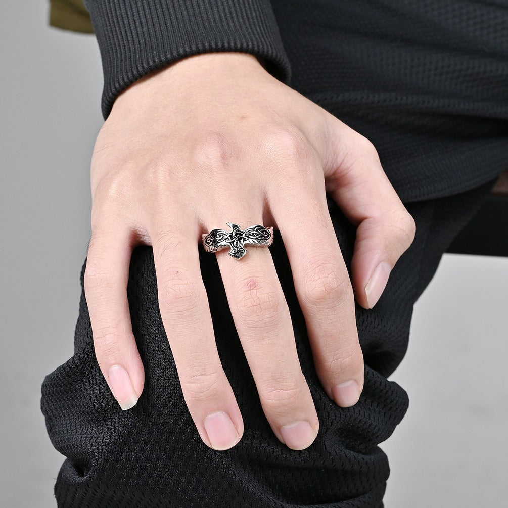 Kemstone Titanium Steel Celtic Eagle Knot Ring for Men, Vintage Symbolic Band, Silver/Gold/Black K-R718
