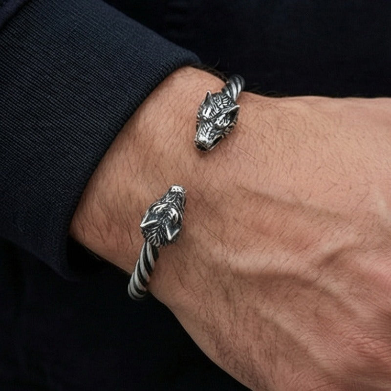 Kemstone Stainless Steel Viking Wolf Skull Cuff Bracelet for Men Twisted Rope Open Bangle KB96851-BD