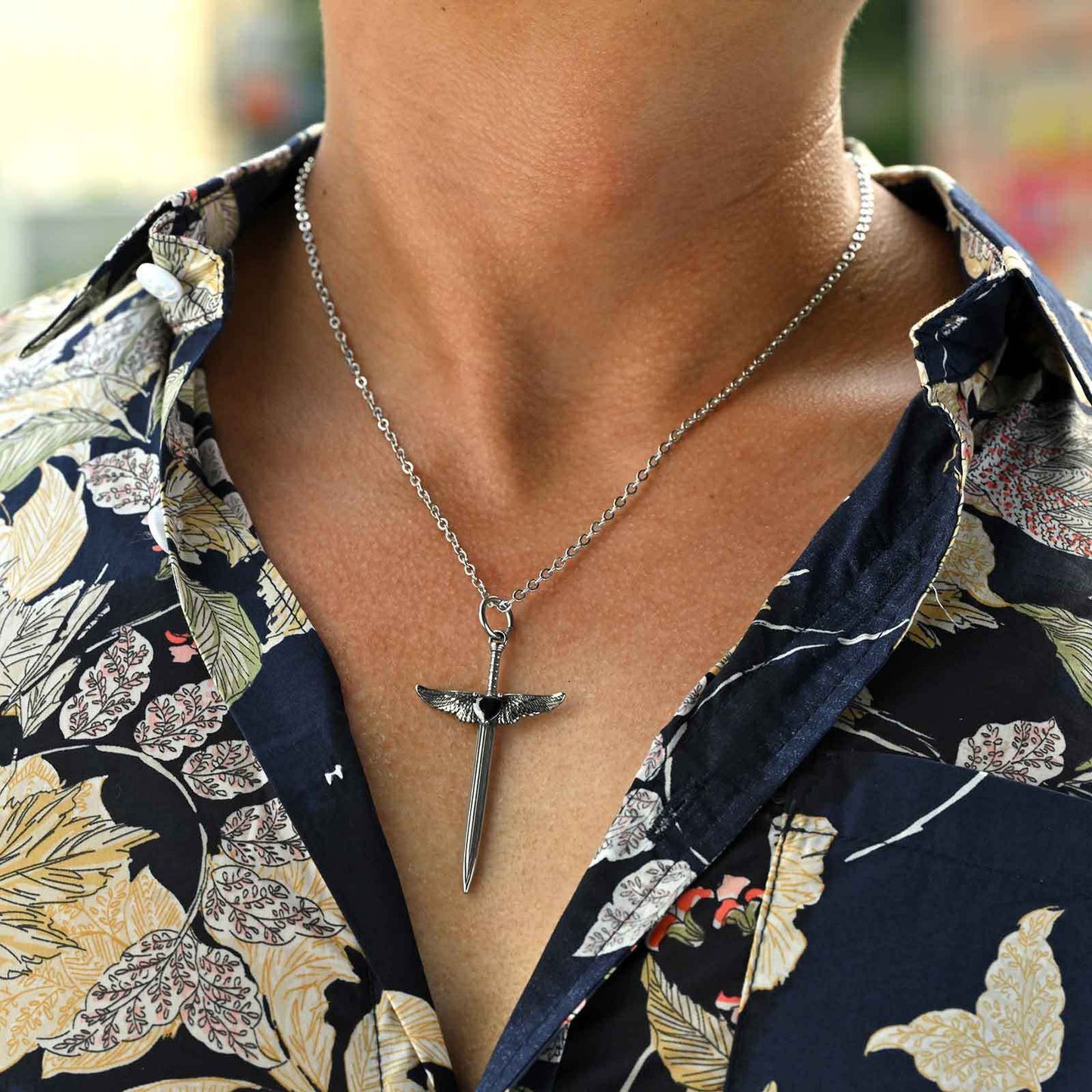 Kemstone Stainless Steel Winged Sword Pendant Necklace with Black Cubic Zirconia for Men PN-2245