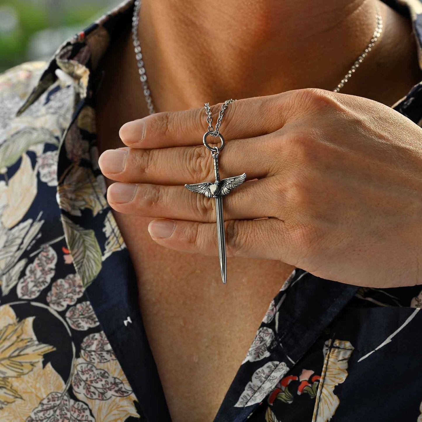 Kemstone Stainless Steel Winged Sword Pendant Necklace with Black Cubic Zirconia for Men PN-2245