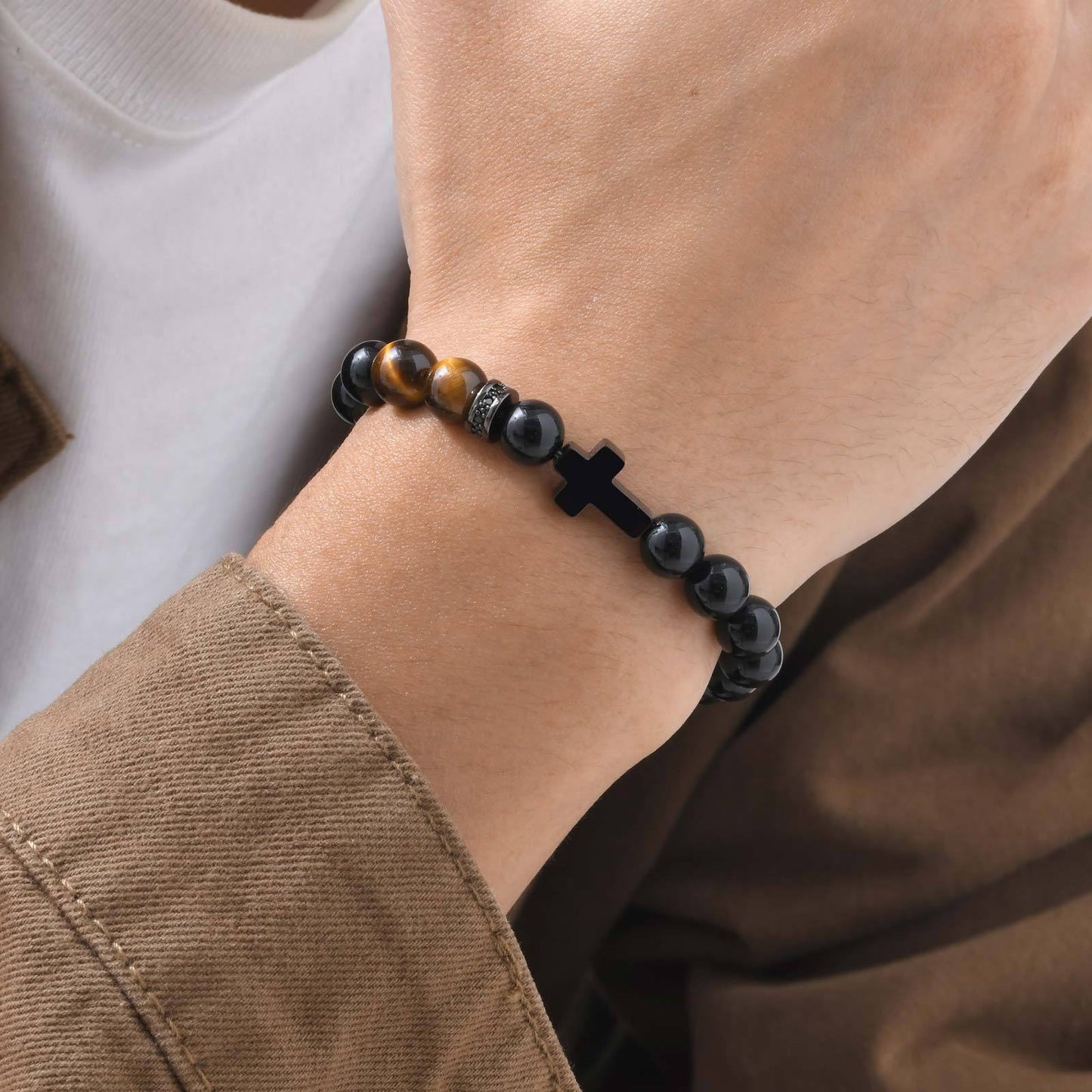 Kemstone Stainless Steel Cross Beaded Bracelet for Men – Black Agate & Tiger Eye 1740