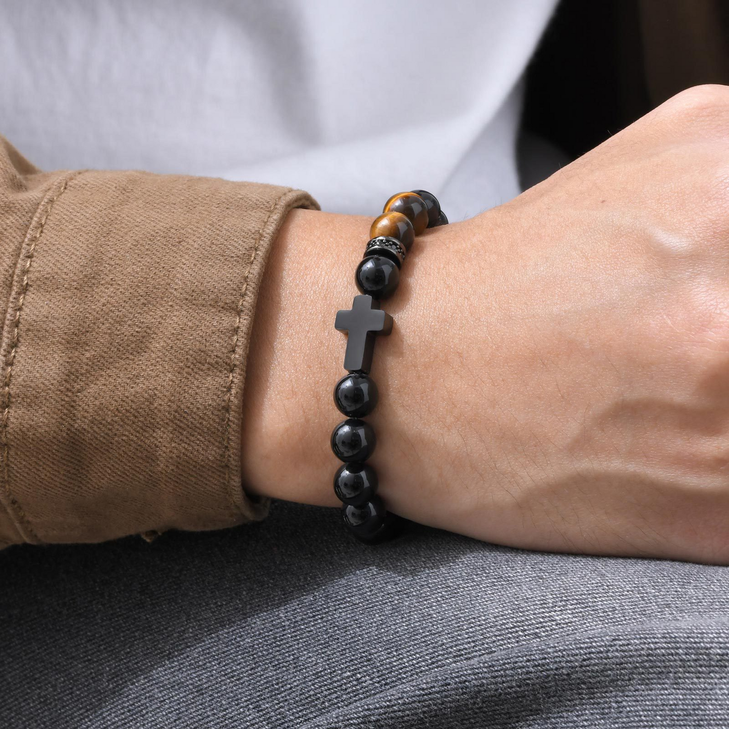 Kemstone Stainless Steel Cross Beaded Bracelet for Men – Black Agate & Tiger Eye 1740