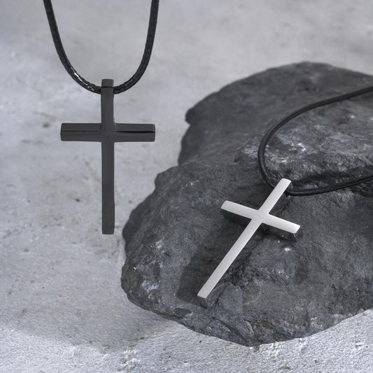 Kemstone Stainless Steel Cross Pendant Necklace with Wax Cord for Men – Black & Silver NC-1977