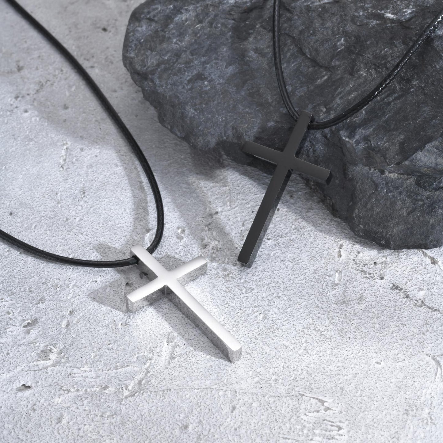 Kemstone Stainless Steel Cross Pendant Necklace with Wax Cord for Men – Black & Silver NC-1977