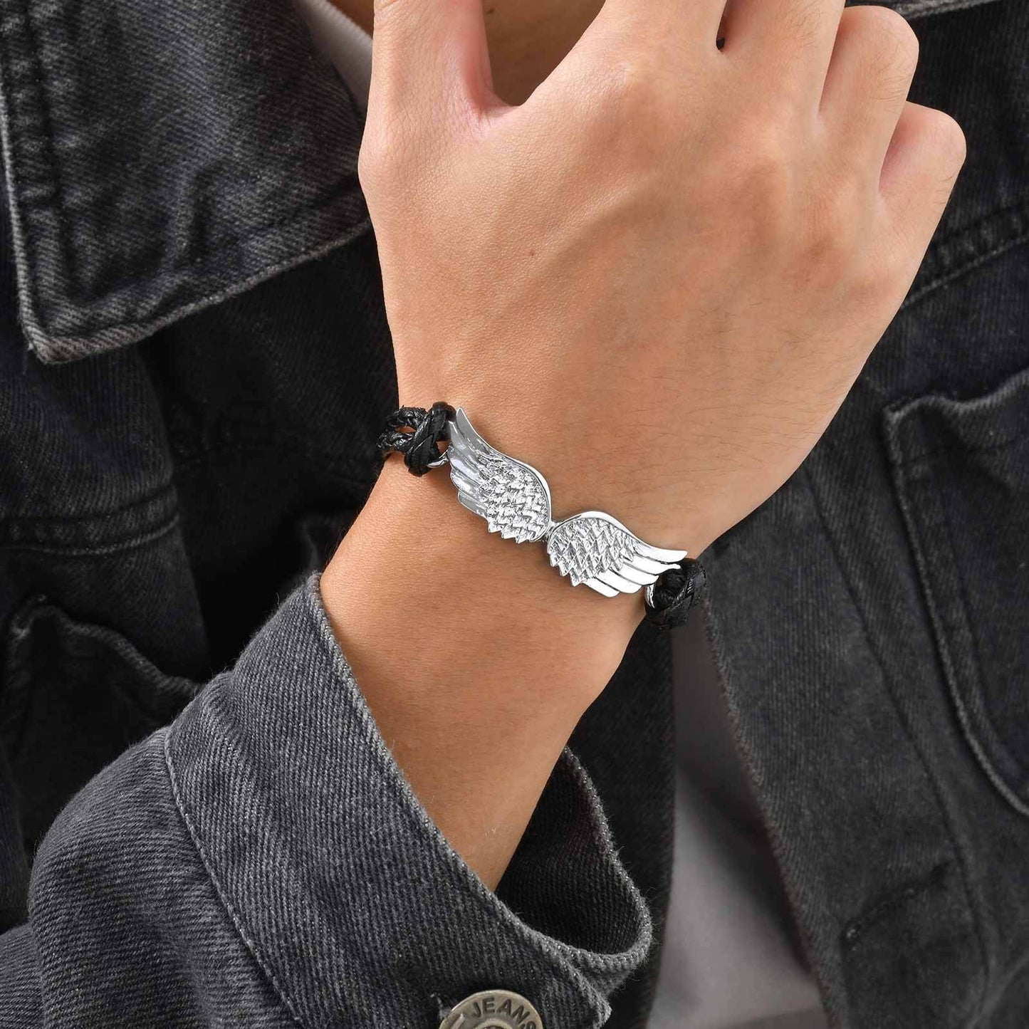 Kemstone Wing Leather Bracelet – Triple Layer Black PU Strap for Men BL-823S