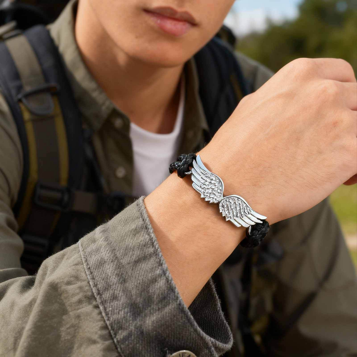 Kemstone Wing Leather Bracelet – Triple Layer Black PU Strap for Men BL-823S