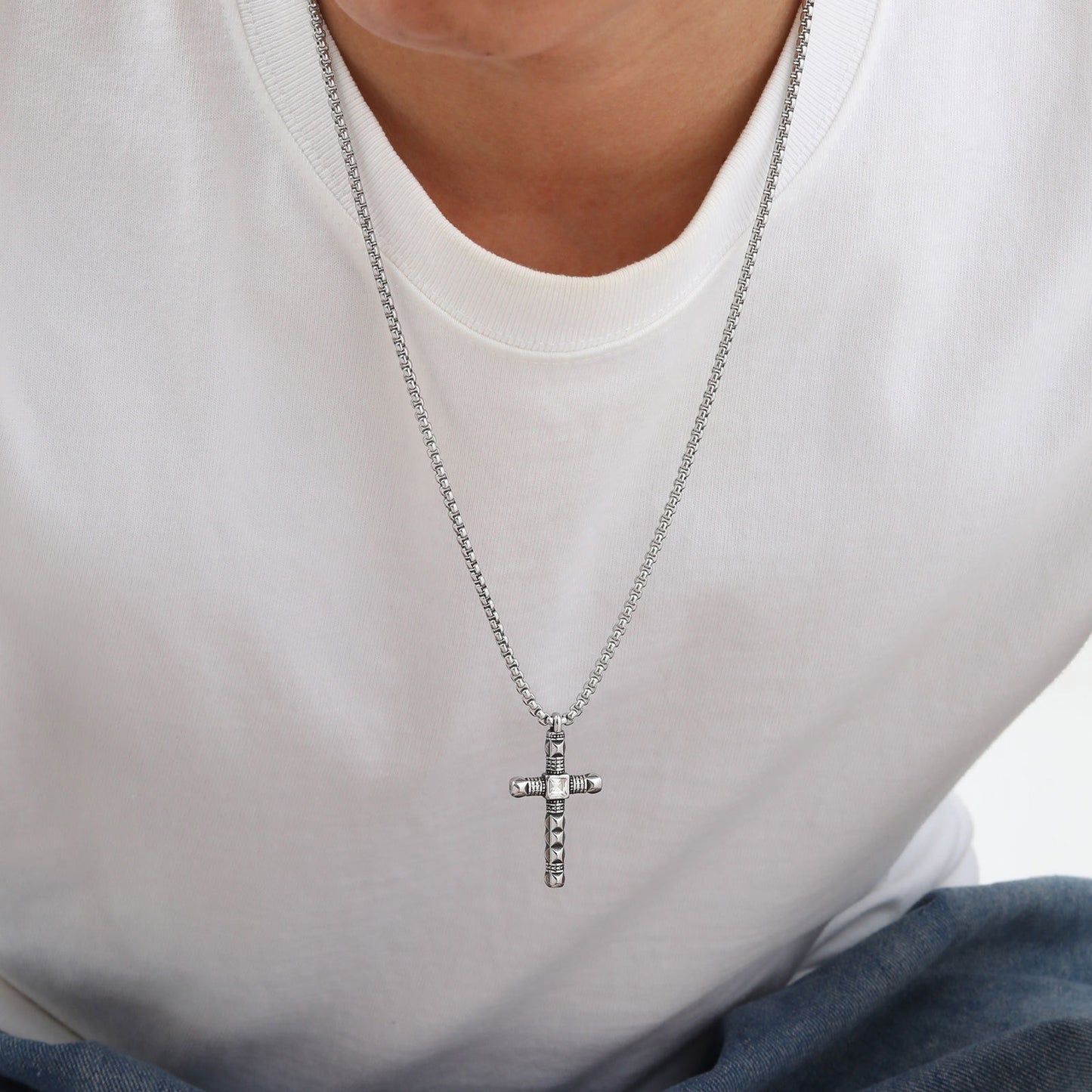 Kemstone Stainless Steel Cross Pendant Necklace – Cubic Zirconia Detail for Men PN2091