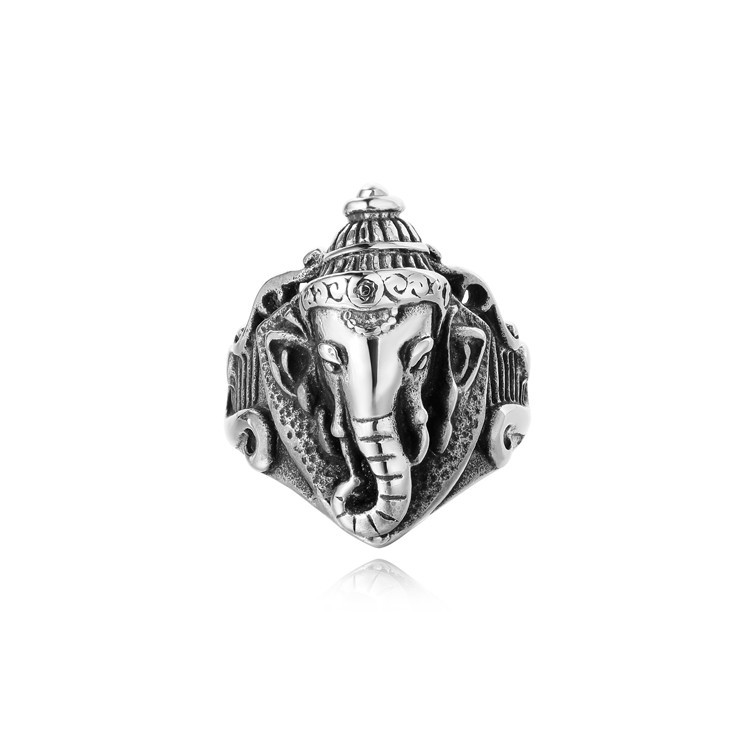 Kemstone Titanium Steel Elephant Signet Ring for Men Vintage Symbol Design R1381