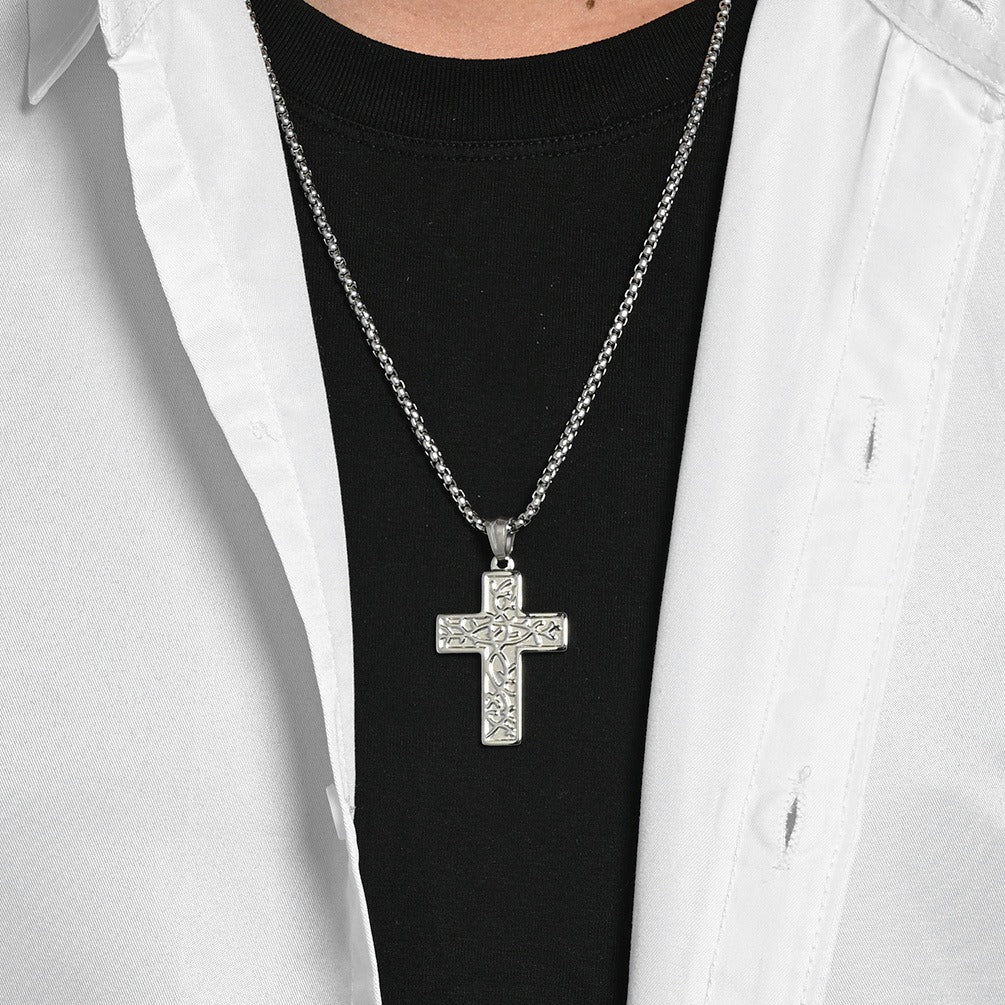 Kemstone Stainless Steel Cross Pendant Necklace for Men Vintage Engraved Tree of Life Lightweight K-PT725