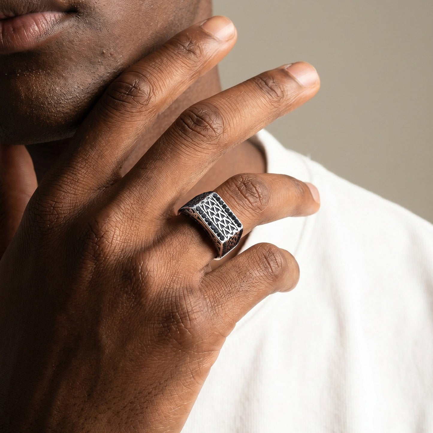 Kemston Stainless Steel Woven Chain Signet Ring for Men Black Cubic Zirconia Inlay Vintage RC-1134