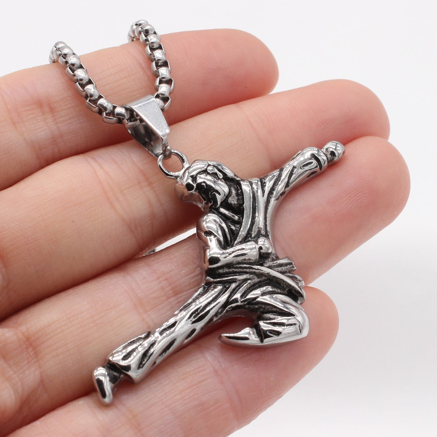 Kemstone Titanium Steel Kung Fu Figure Pendant Necklace for Men Dynamic Pose Martial Arts Design P1383