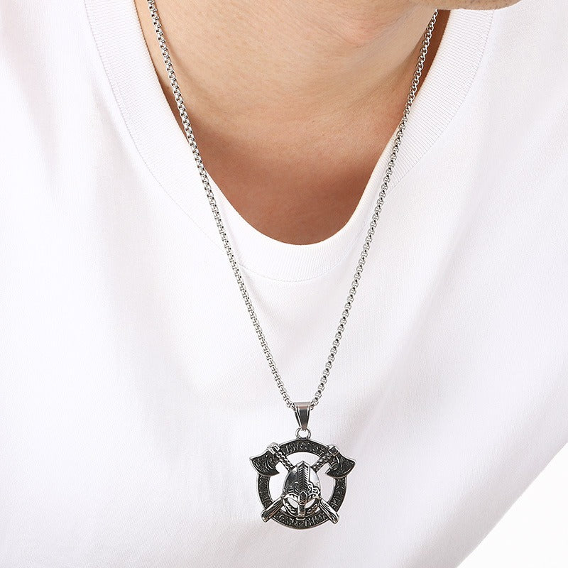 Kemstone Viking Warrior & Templar Cross Titanium Steel Pendant Necklace for Men – Norse Raven Axe Ship Emblem KP117019-LU